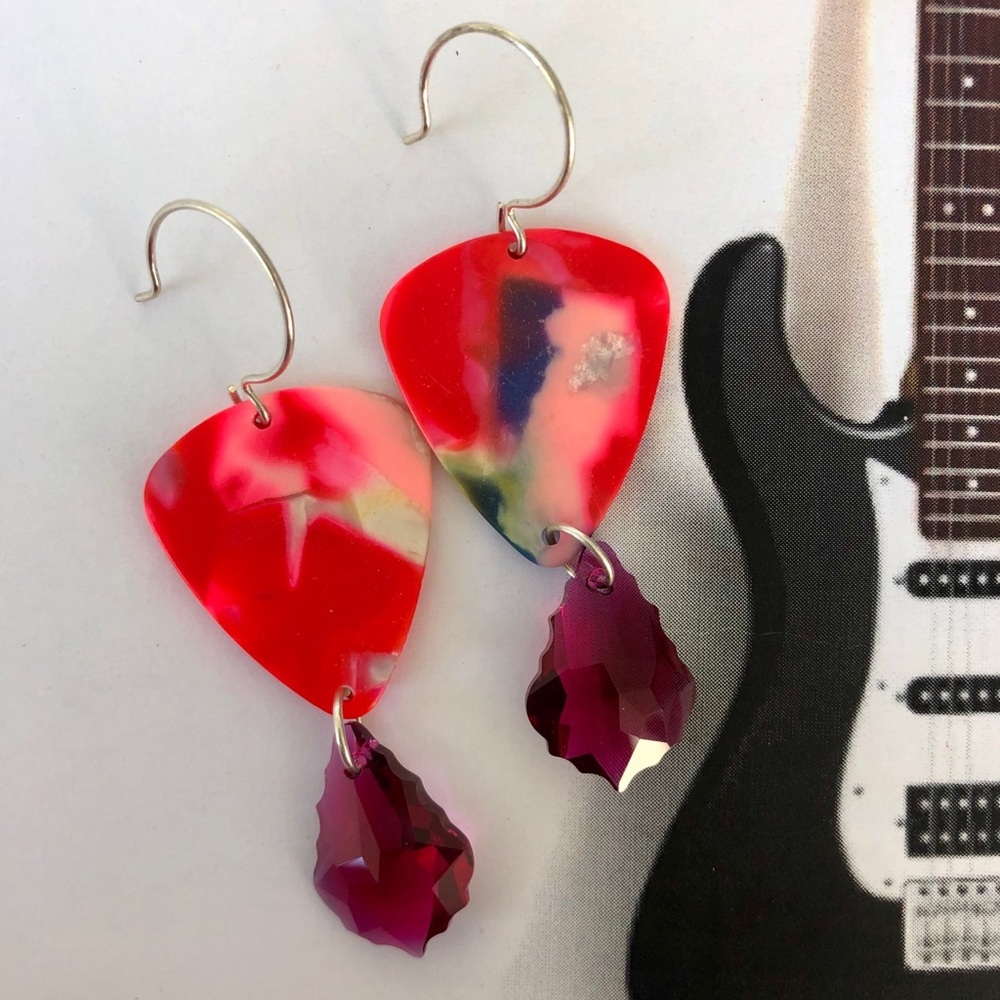 Guitar Pick Earrings OOAK Marbled Red Crystal